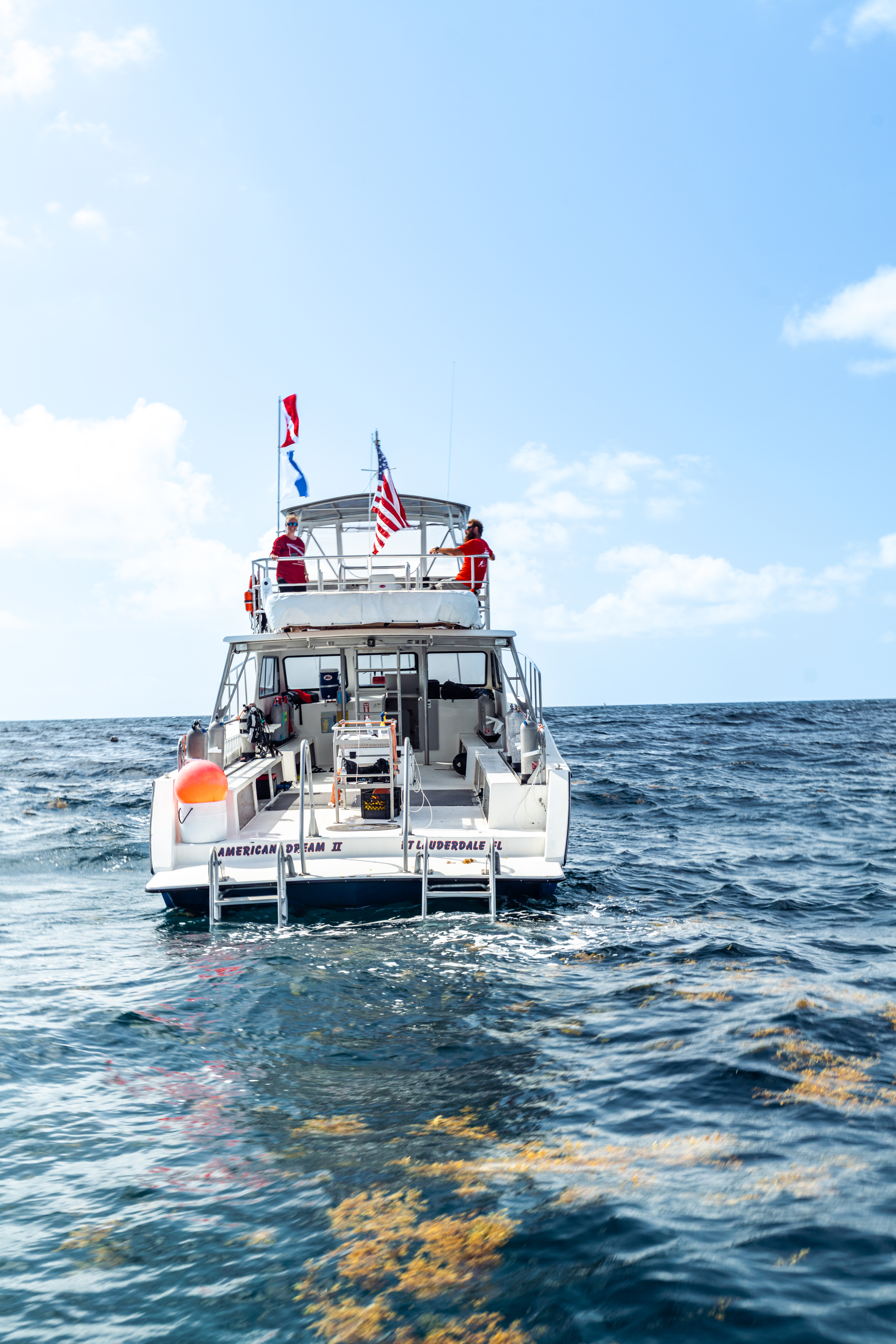 Aerial stern view of the American Dream II dive boat